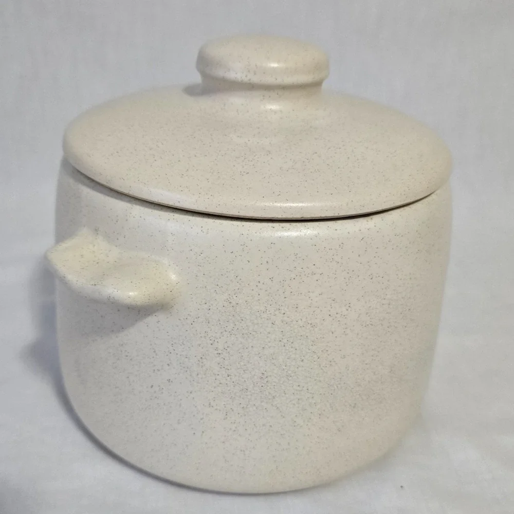Vintage 1960's Westbend Stoneware Fork & Spoon Design Bean Dish with Lid